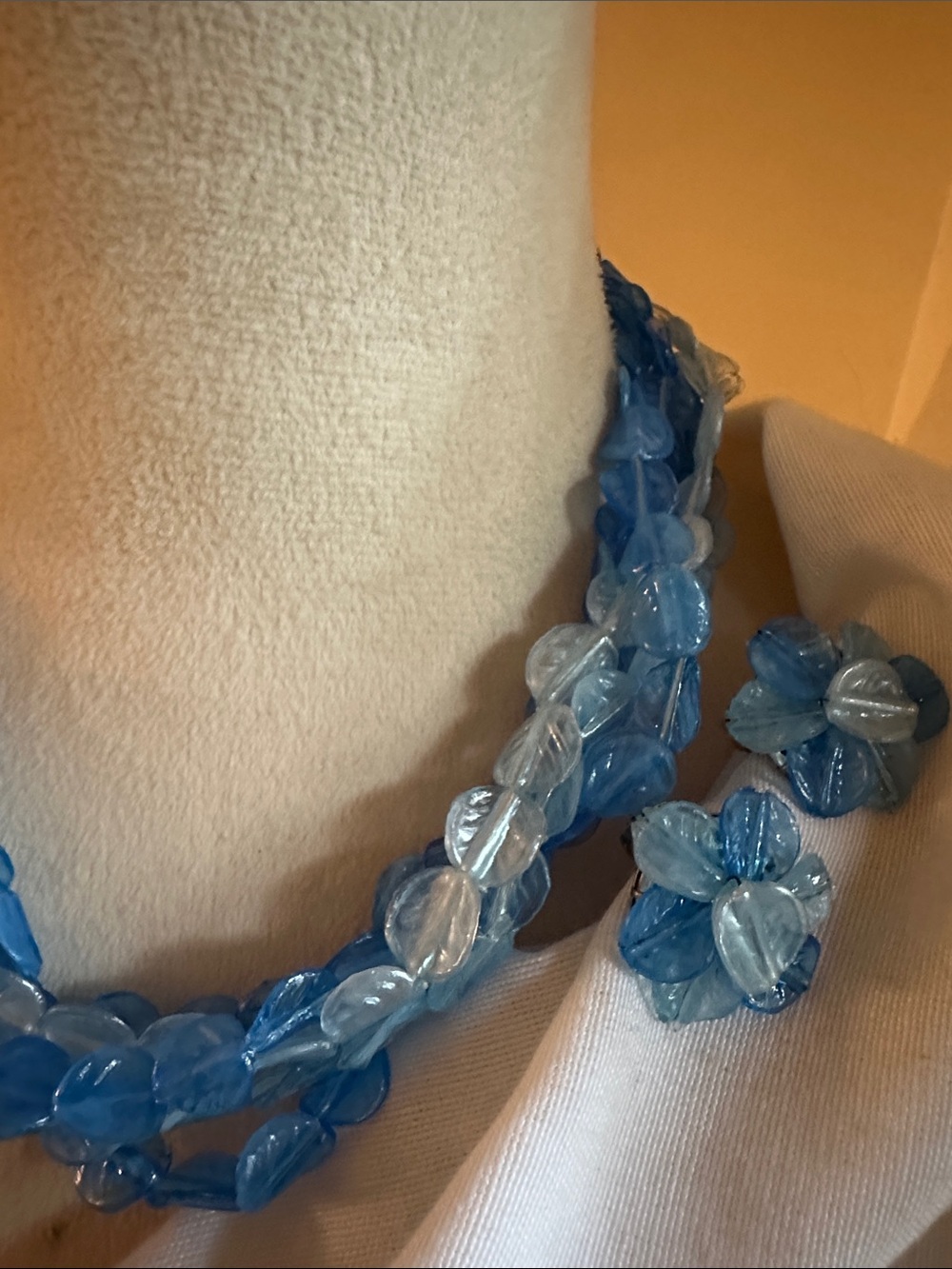 Vintage Hong Kong Set Blue Floral Bead Necklace and Matching Clip-On Earrings